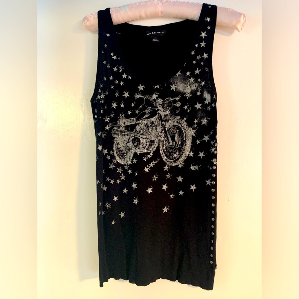 Rock & republic black studded motorcycle tank small women